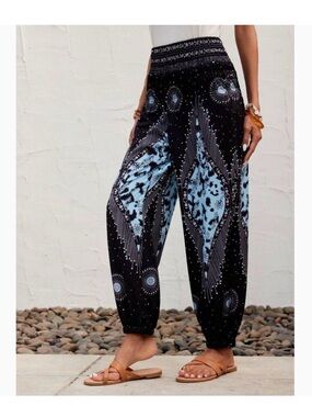 Boho Wide-Leg Harem Pants in Black & Light Blue